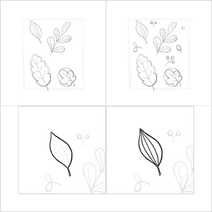 나뭇잎 그림 과정 스케치와 펜선 